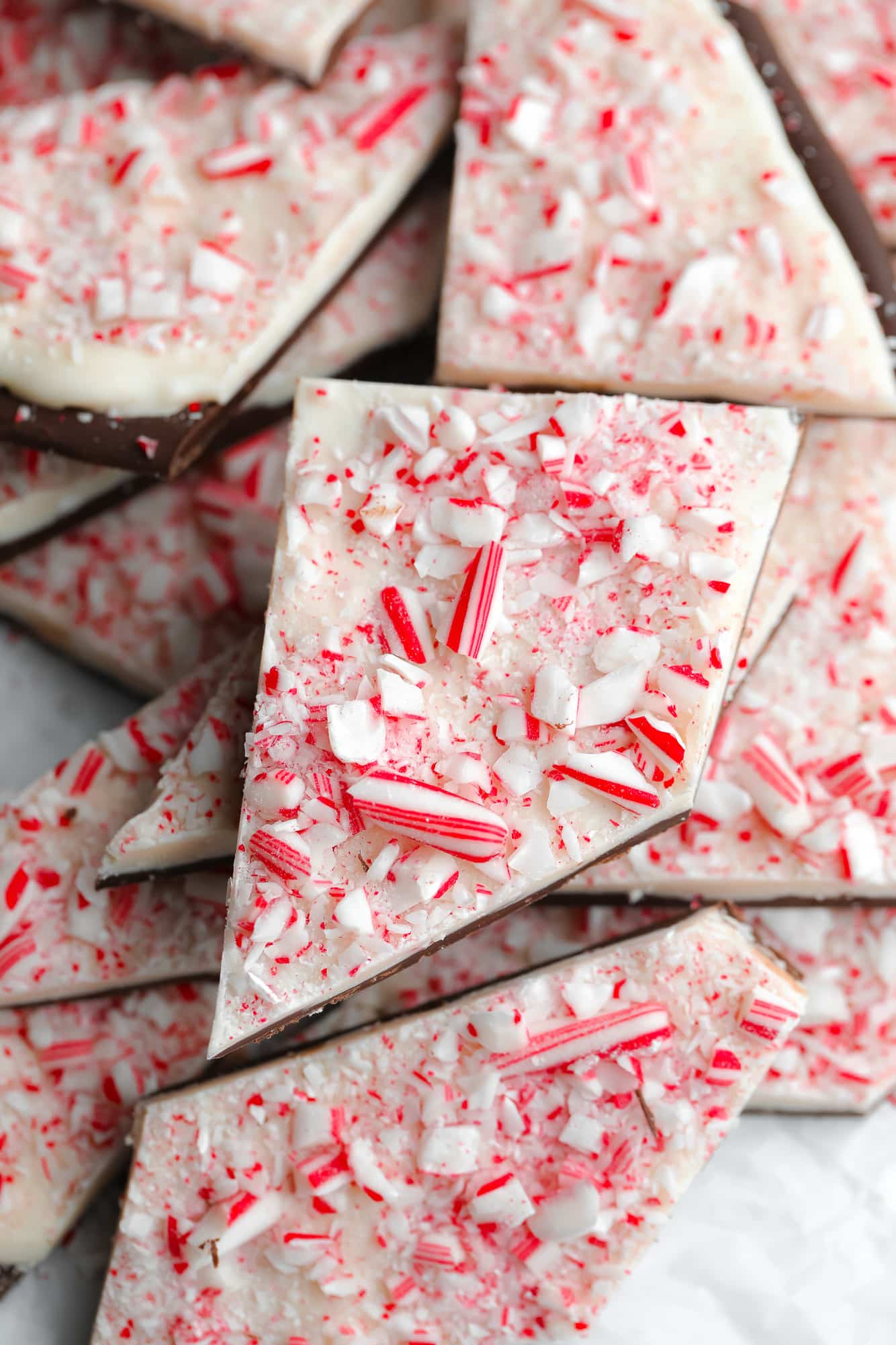 a pile of vegan peppermint bark pieces.