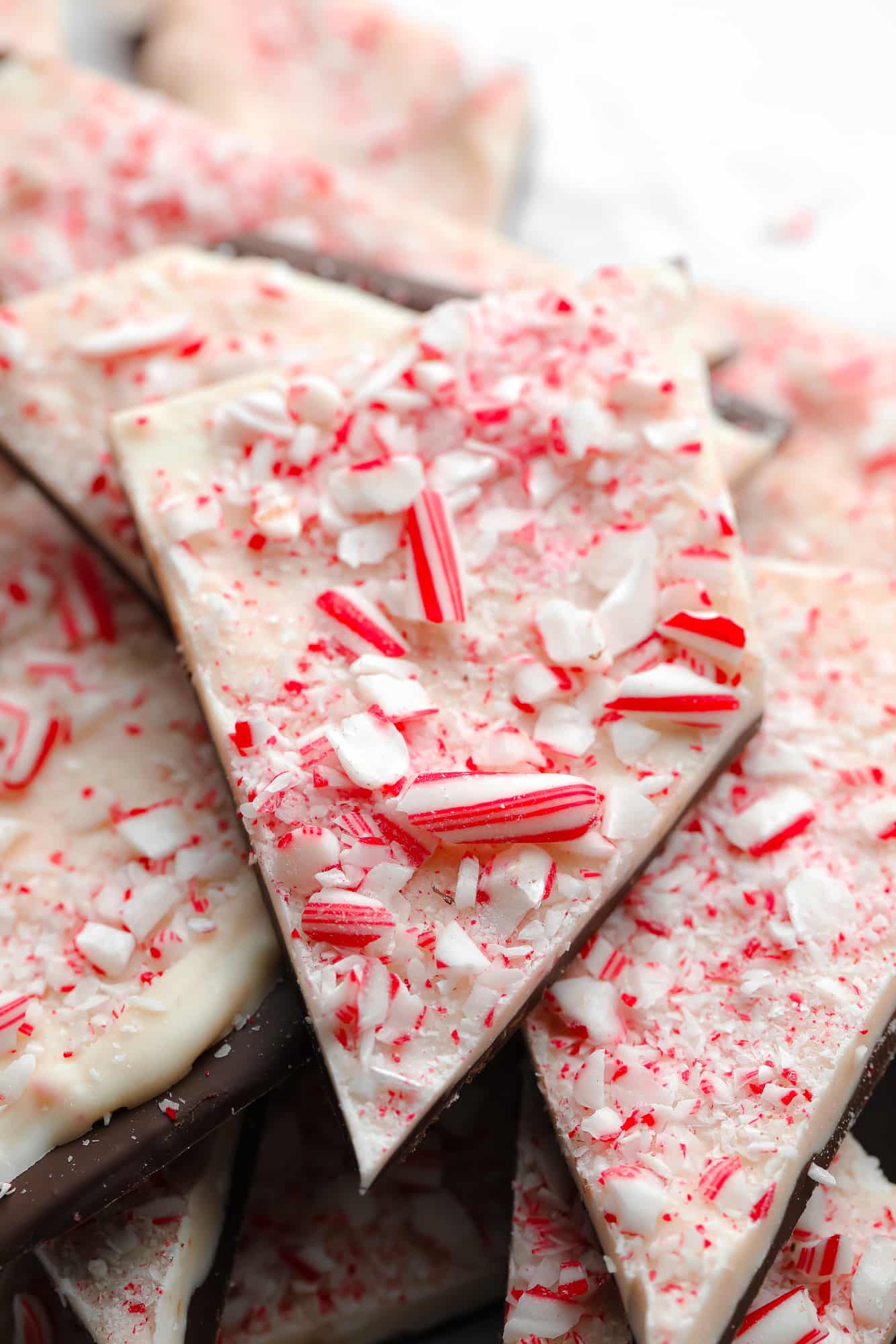 close up on a piece of vegan peppermint bark.