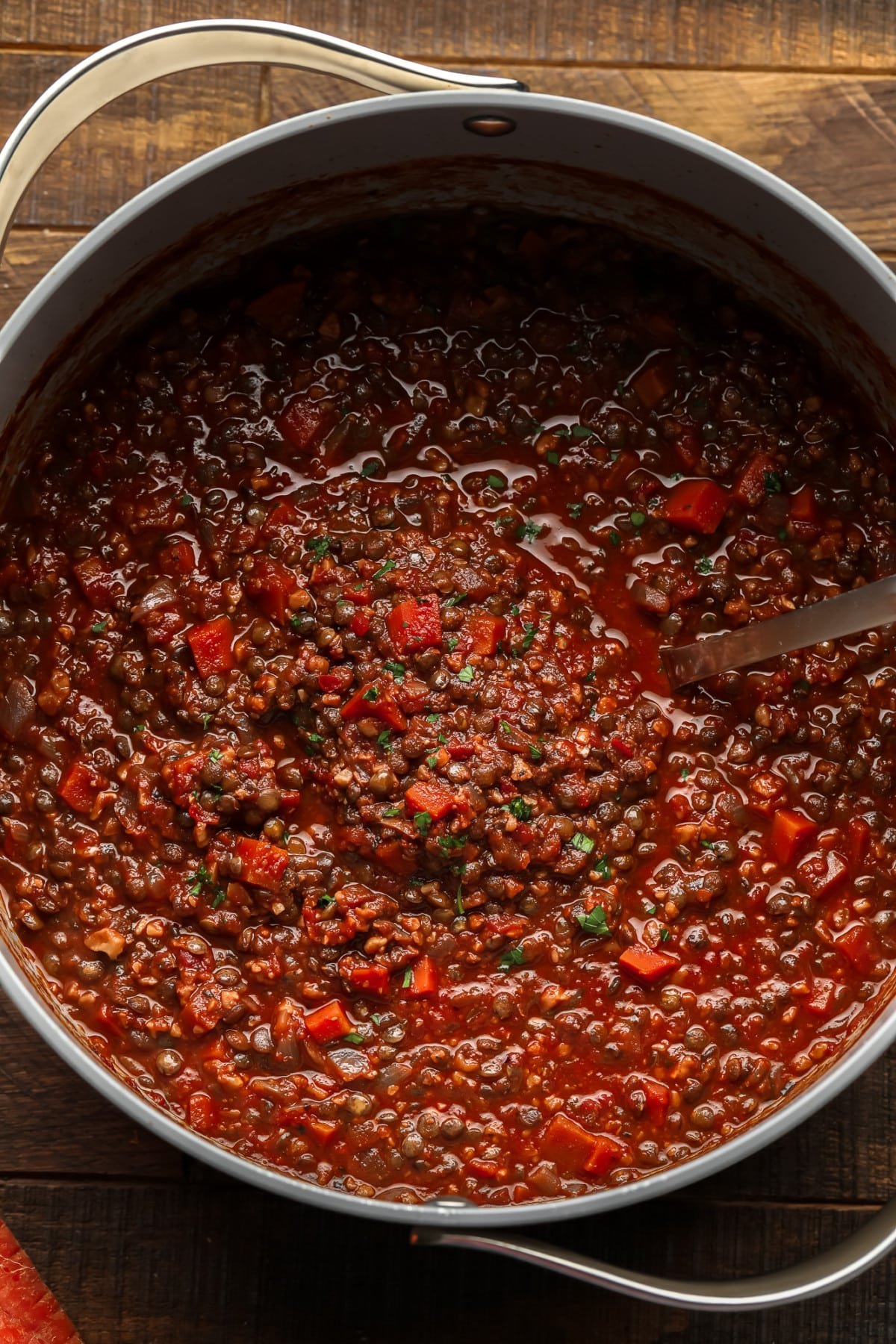 pot with rich red lentil bolognese sauce with a ladle