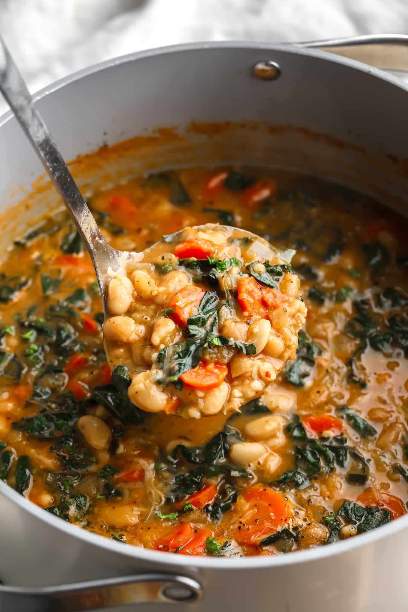 a metal ladle with a scoop of white bean soup above a pot full of white bean soup.