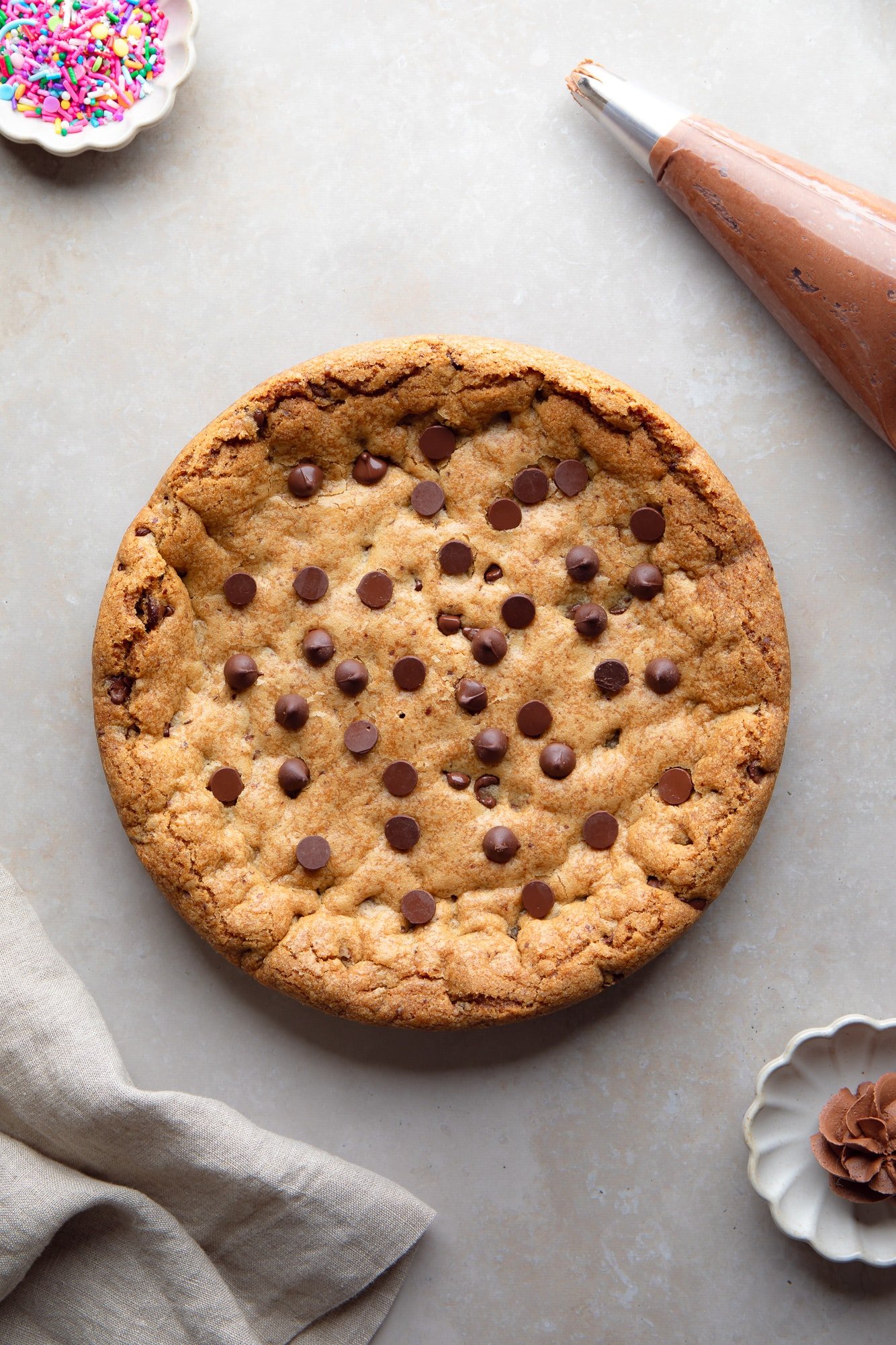 overhead view of a baked vegan cookie cake.