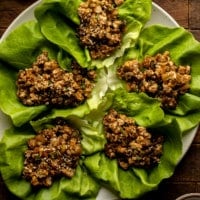 overhead view of a plate of tofu lettuce wraps.
