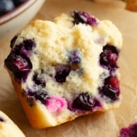 close up on a vegan blueberry muffin torn in half.