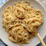 close up on a bowl of vegan caramelized onion pasta.
