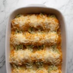 overhead view of baked vegan pumpkin stuffed shells in a casserole dish.