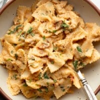 overhead view of vegan marry me pasta in a bowl.