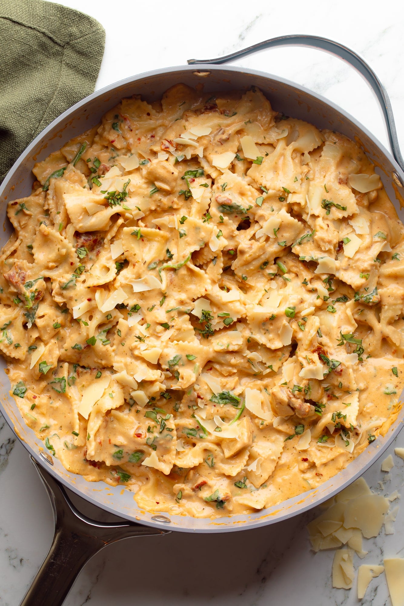 overhead view of vegan marry me pasta in a large skillet.