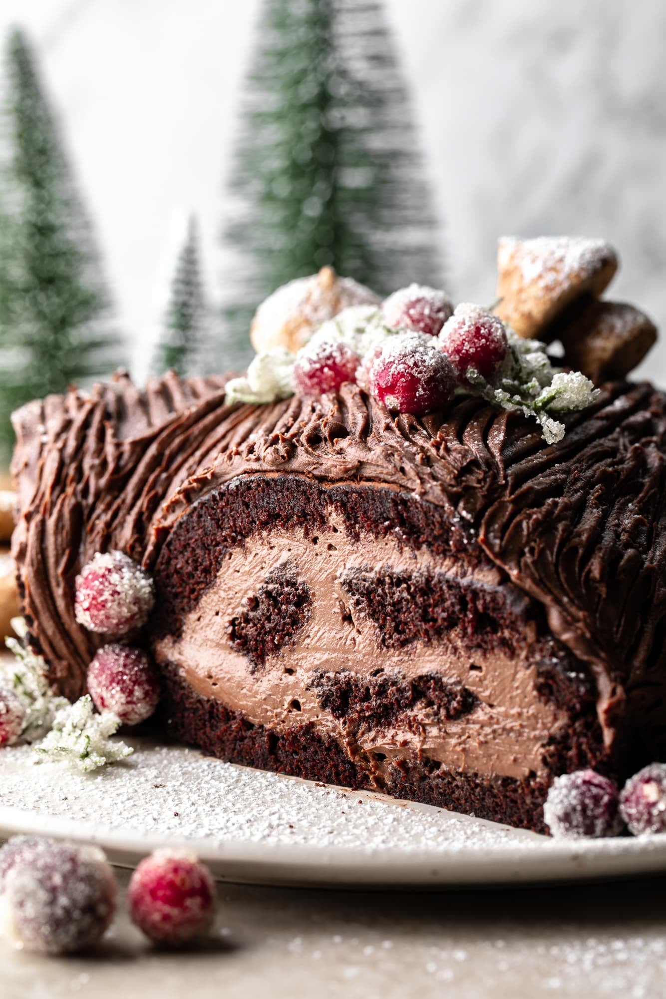 side view of a vegan yule log cake on a white plate.