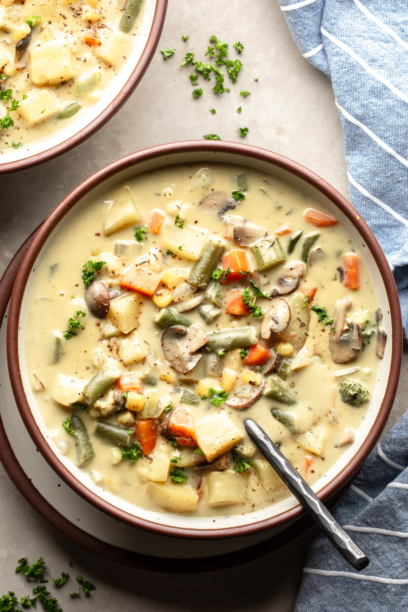 overhead view of a bowl of Creamy Vegetable Soup.
