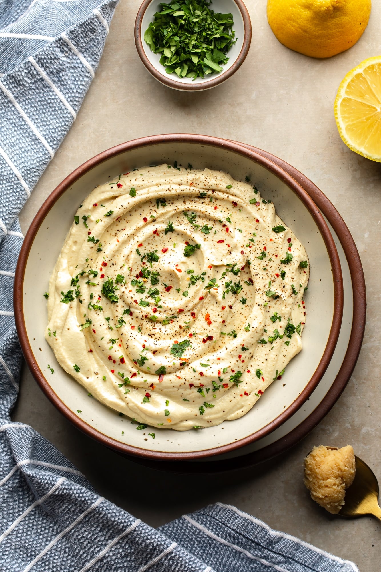 overhead view of a bowl of whipped tofu ricotta.