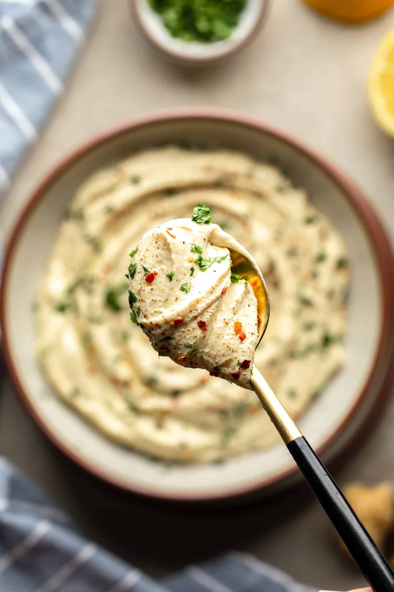 close up on a spoonful of whipped tofu ricotta above a bowl.