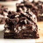 close up on a vegan cookies and cream brownie.