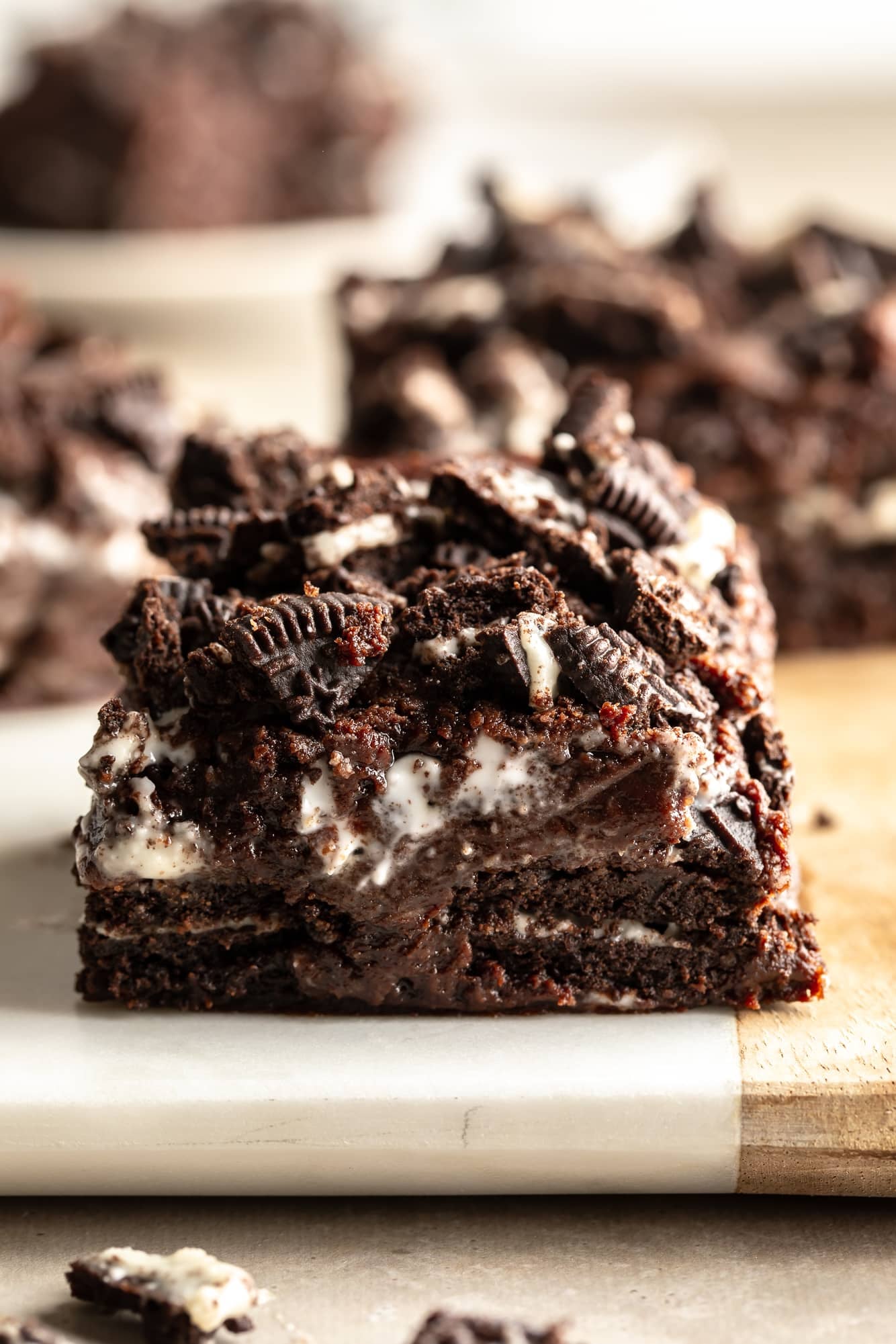 close up on a vegan cookies and cream brownie.