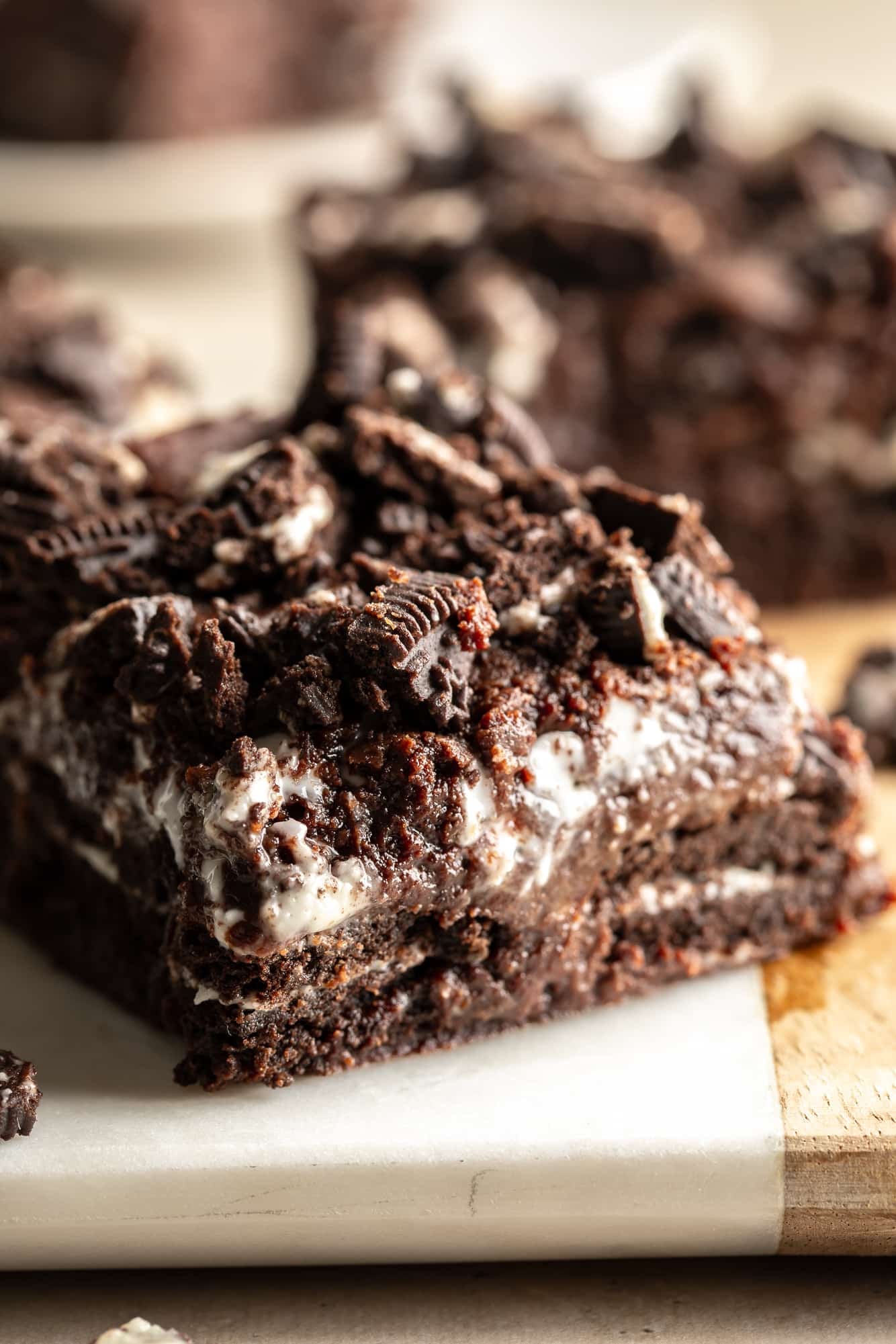 close up on a vegan cookies and cream brownie.