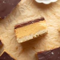 overhead view of a Chocolate Peanut Butter Oatmeal Bar turned on its side.
