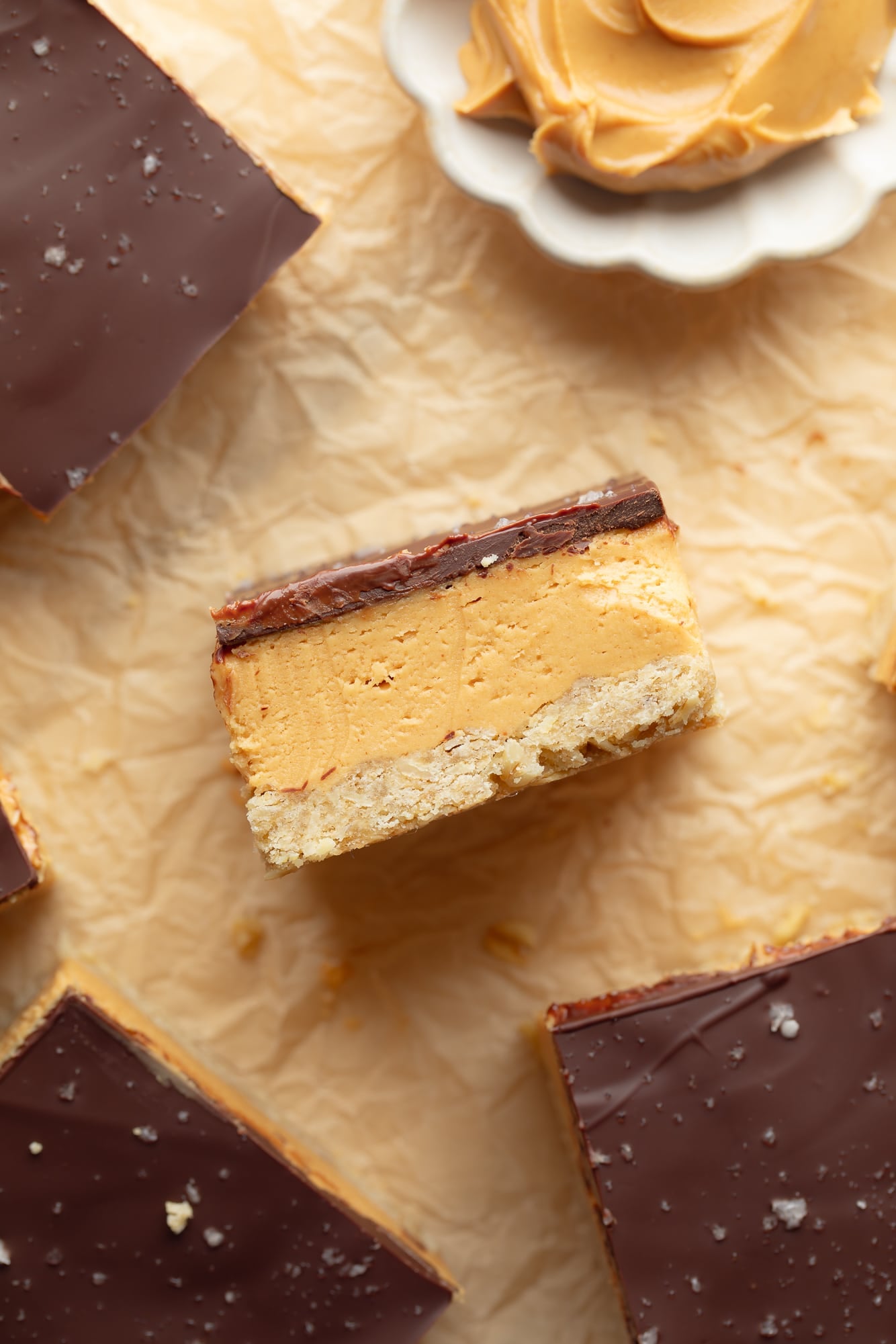 overhead view of a Chocolate Peanut Butter Oatmeal Bar turned on its side.
