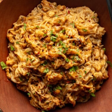 square image of spicy peanut vegan "chicken" noodles in a bowl.