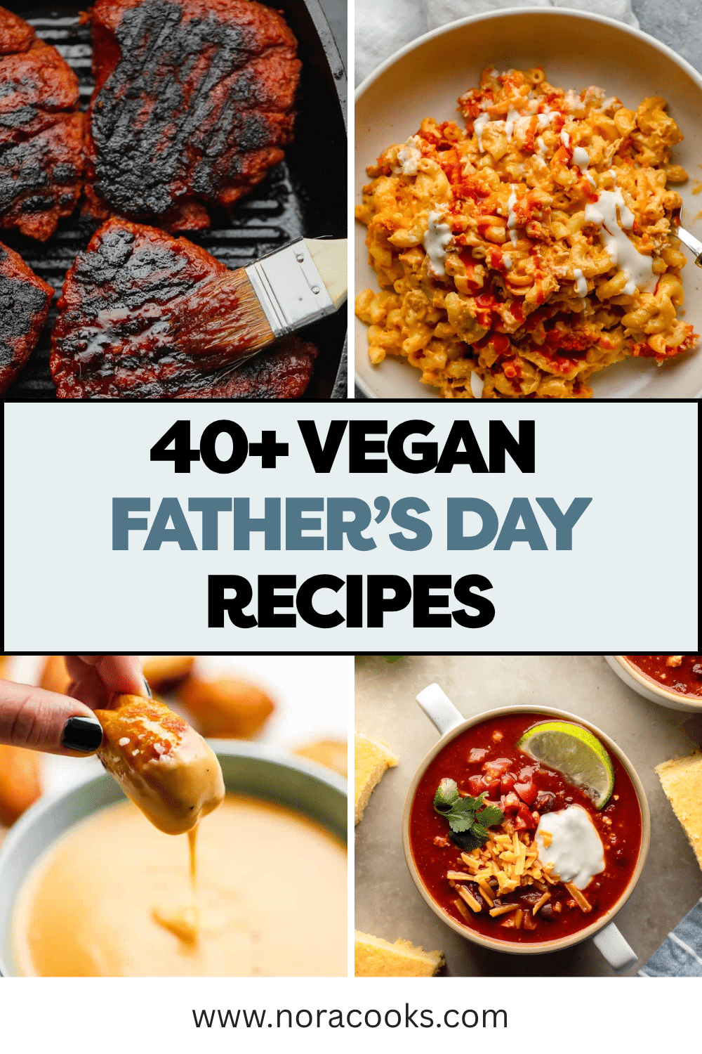 Pinterest image of 4 photos with overlay text, "40+ vegan father's day recipes".