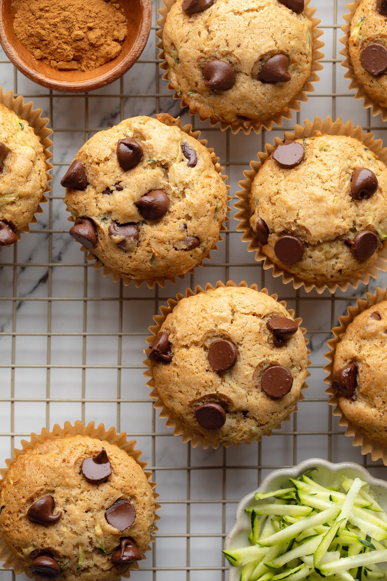 overhead view of baked vegan zucchini muffins.