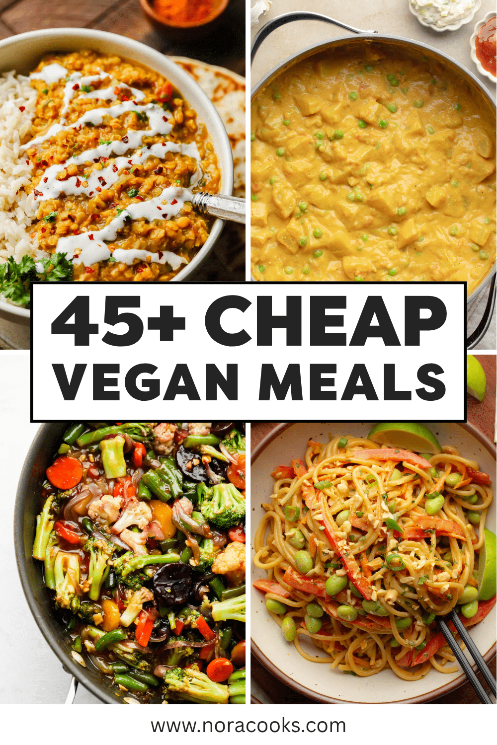 Pinterest image with 4 vegan recipe images and overlay text in the middle: "45+ cheap vegan meals".