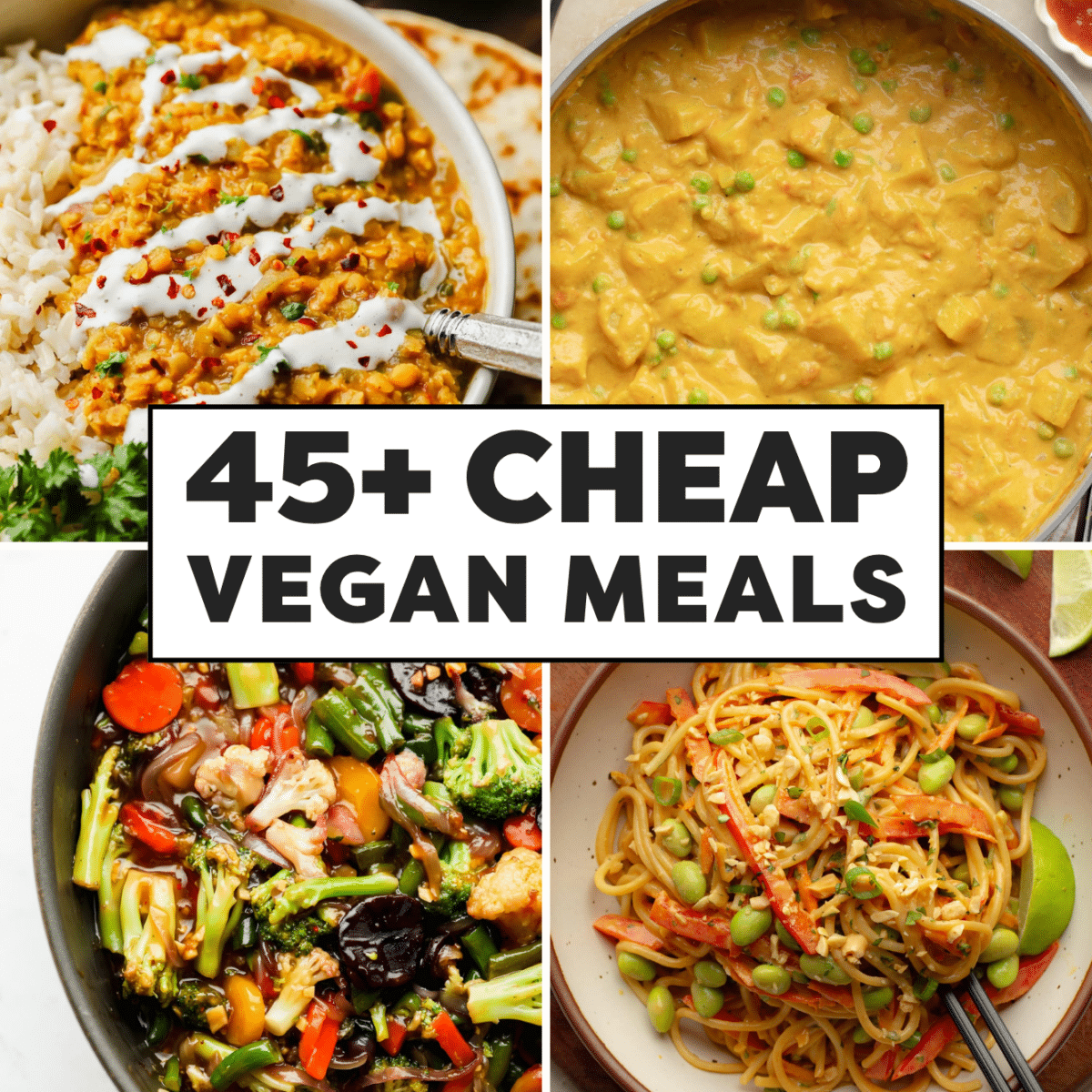 square image with 4 vegan recipe images and overlay text in the middle: "45+ cheap vegan meals".