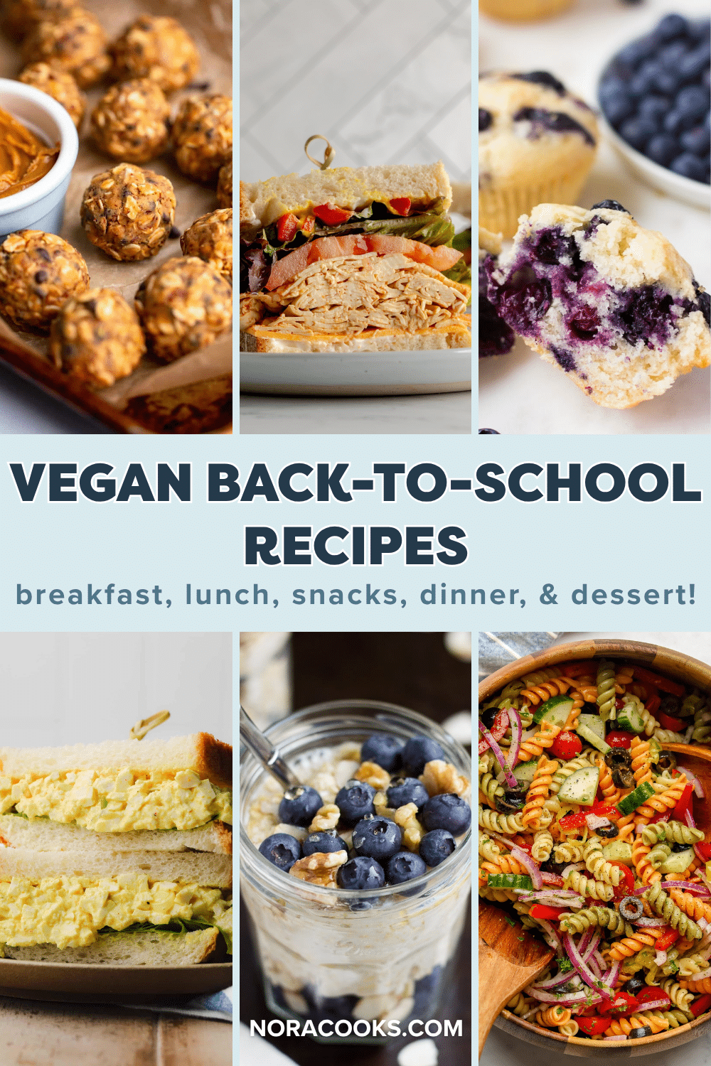 Pinterest grid image with overlay text, "Vegan Back-to-School Recipes".