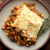 overhead view of a scoop of vegan lentil shepherd's pie on a plate.