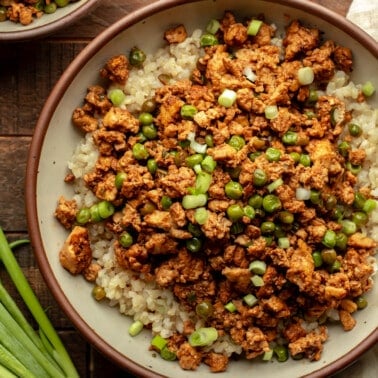 overhead view of a spicy ginger ground tofu rice bowl.