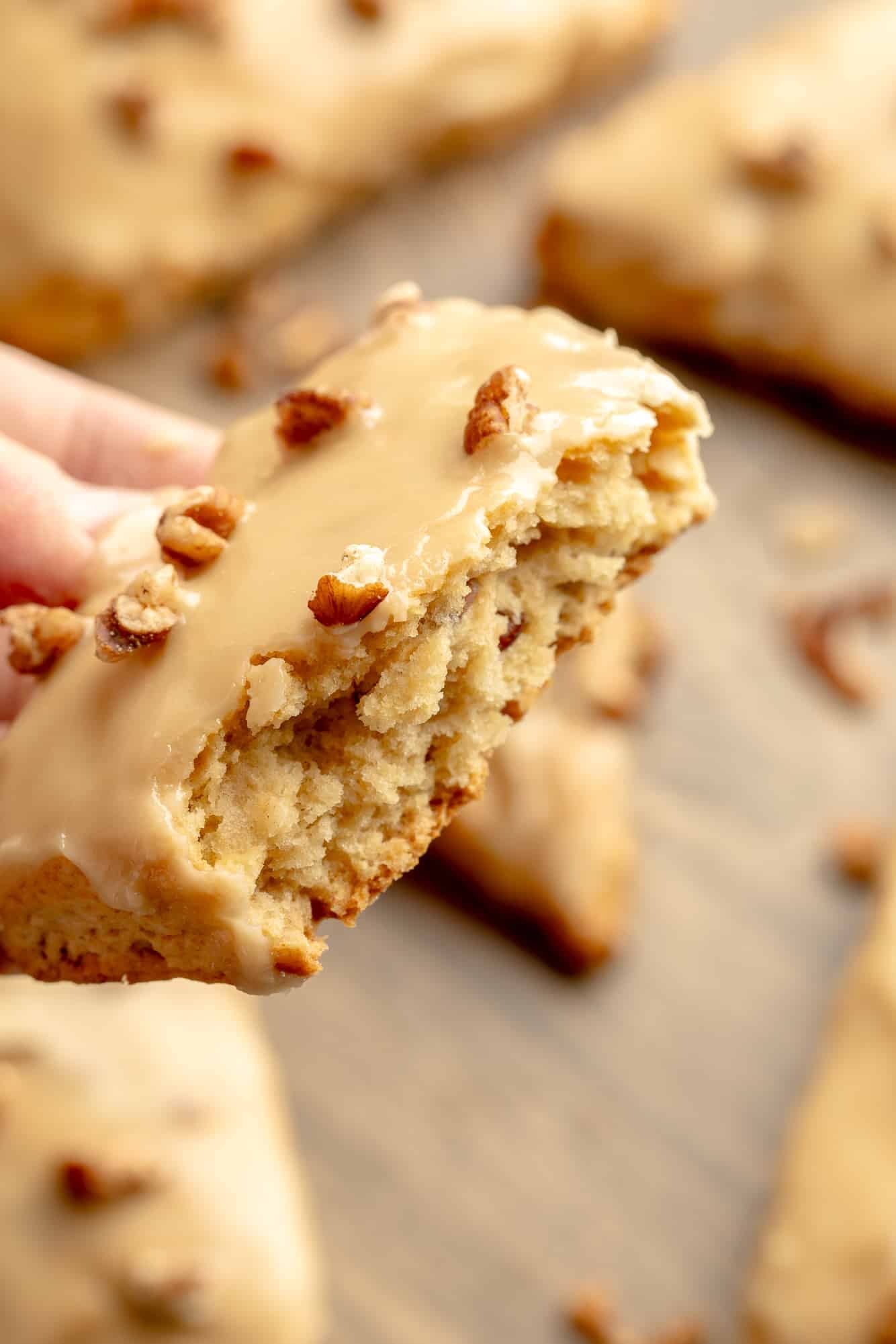 close up on the inside of a maple pecan scone.