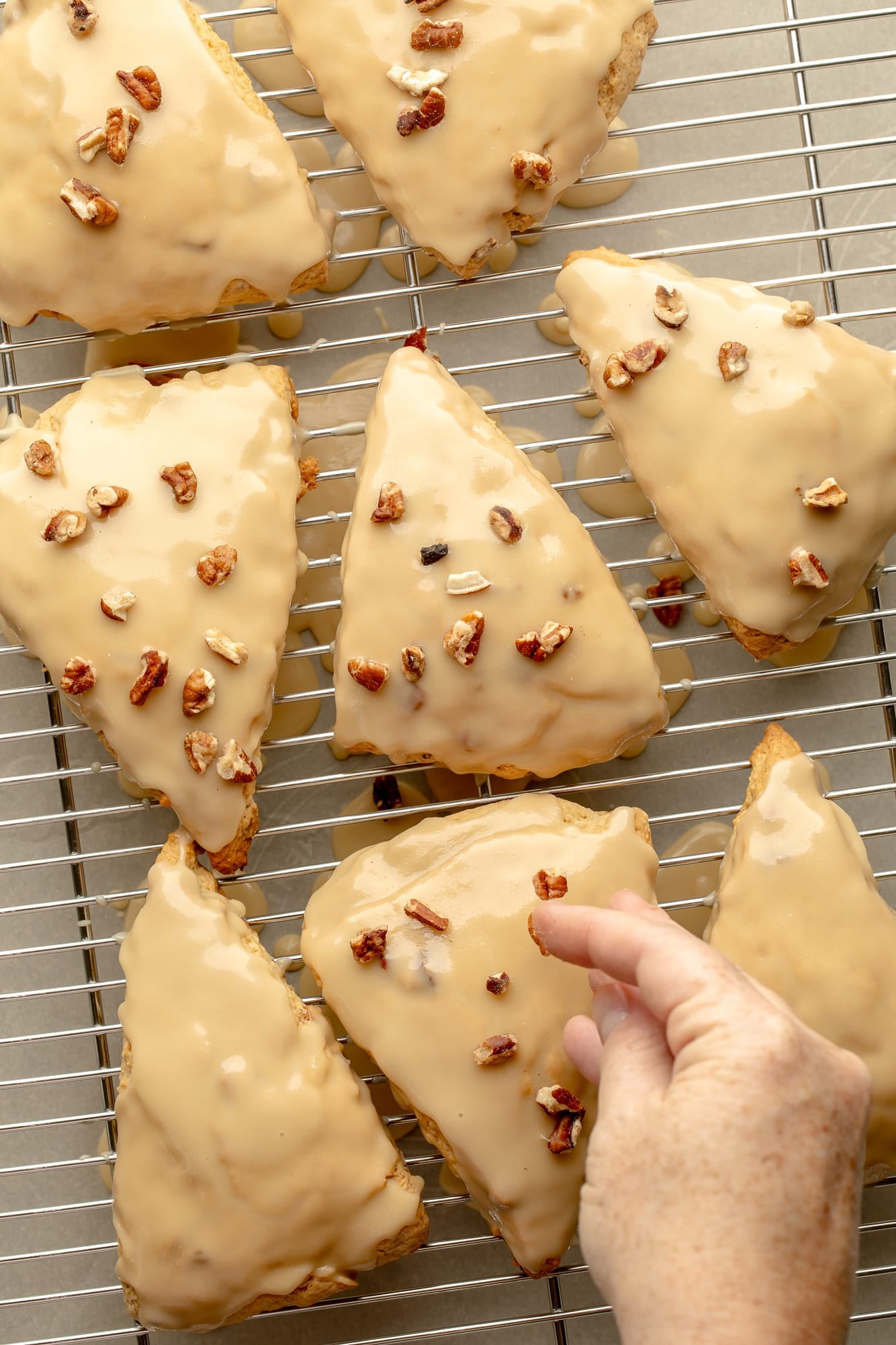 overhead view of a hand sprinkling chopped pecans over maple pecan scones.