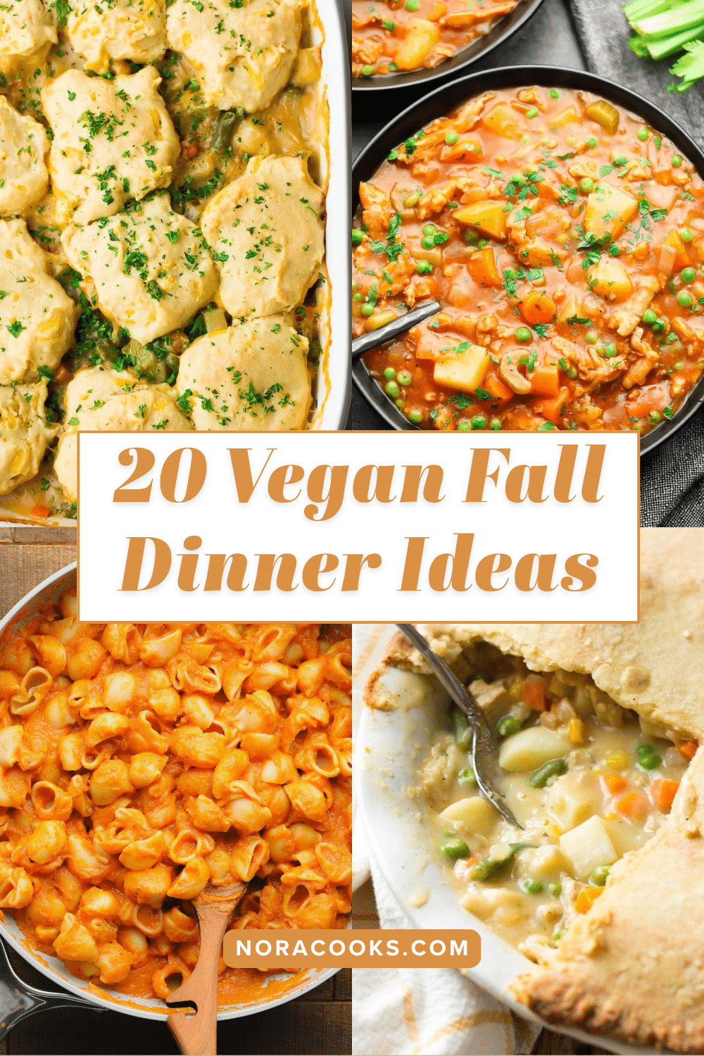 Pinterest image of 4 different vegan fall dinner recipes with overlay text in the middle, "20 vegan fall dinner ideas".