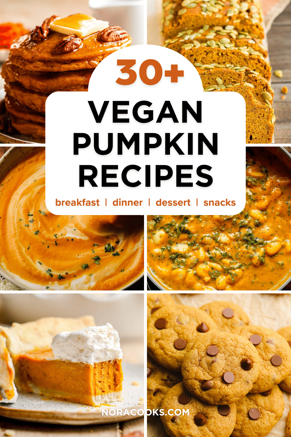 Pinterest image with 6 images of vegan pumpkin recipes with overlay text in the middle, "30+ vegan pumpkin recipes".