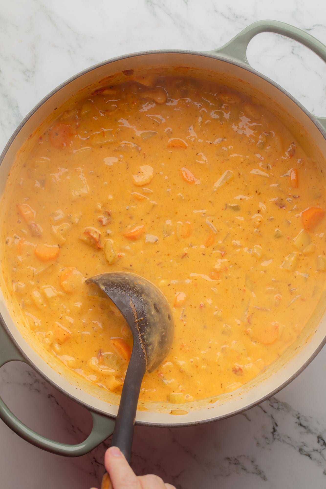 overhead view of a black ladle in a large pot of Tuscan white bean soup.