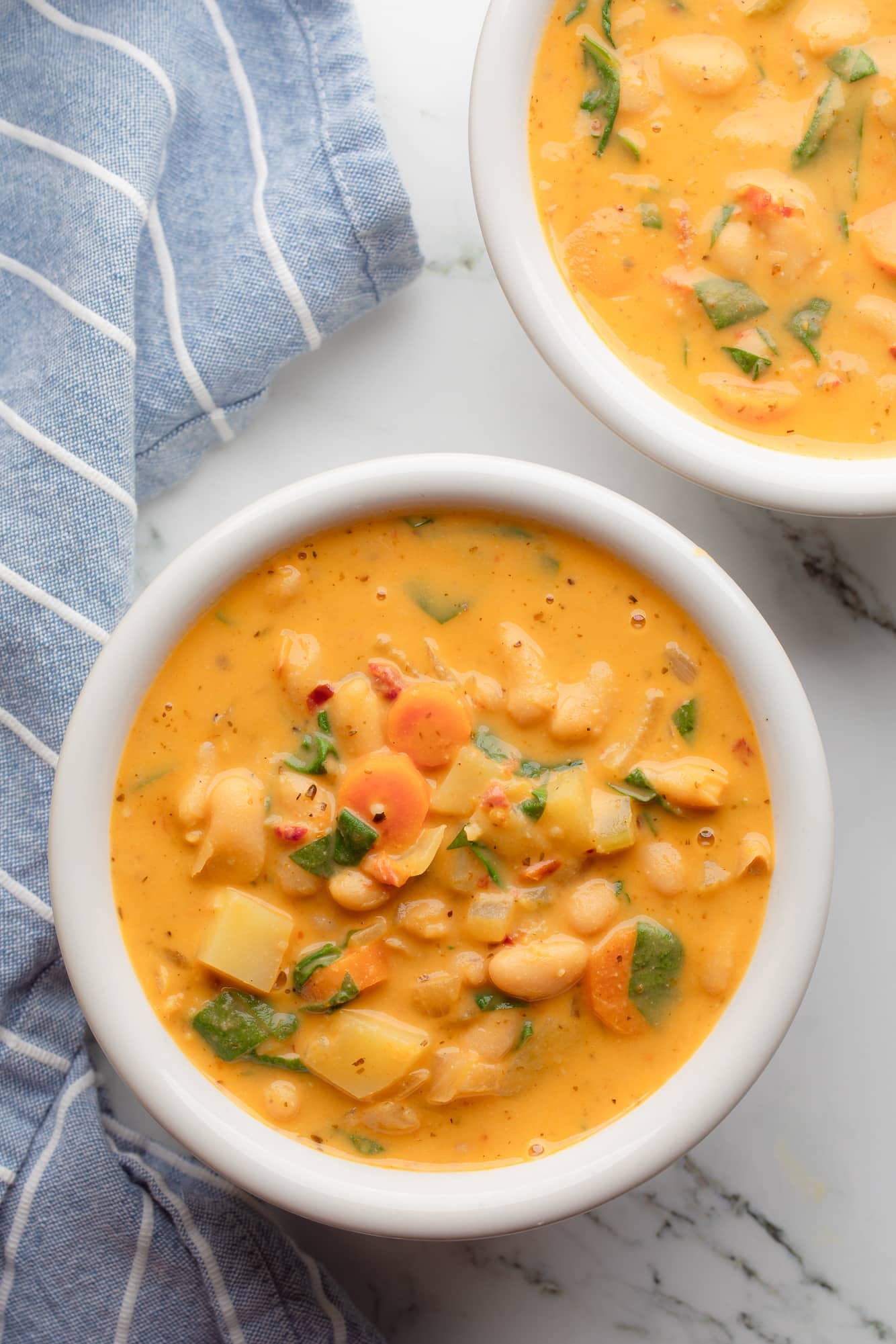 overhead view of 2 bowls ofTuscan white bean soup.