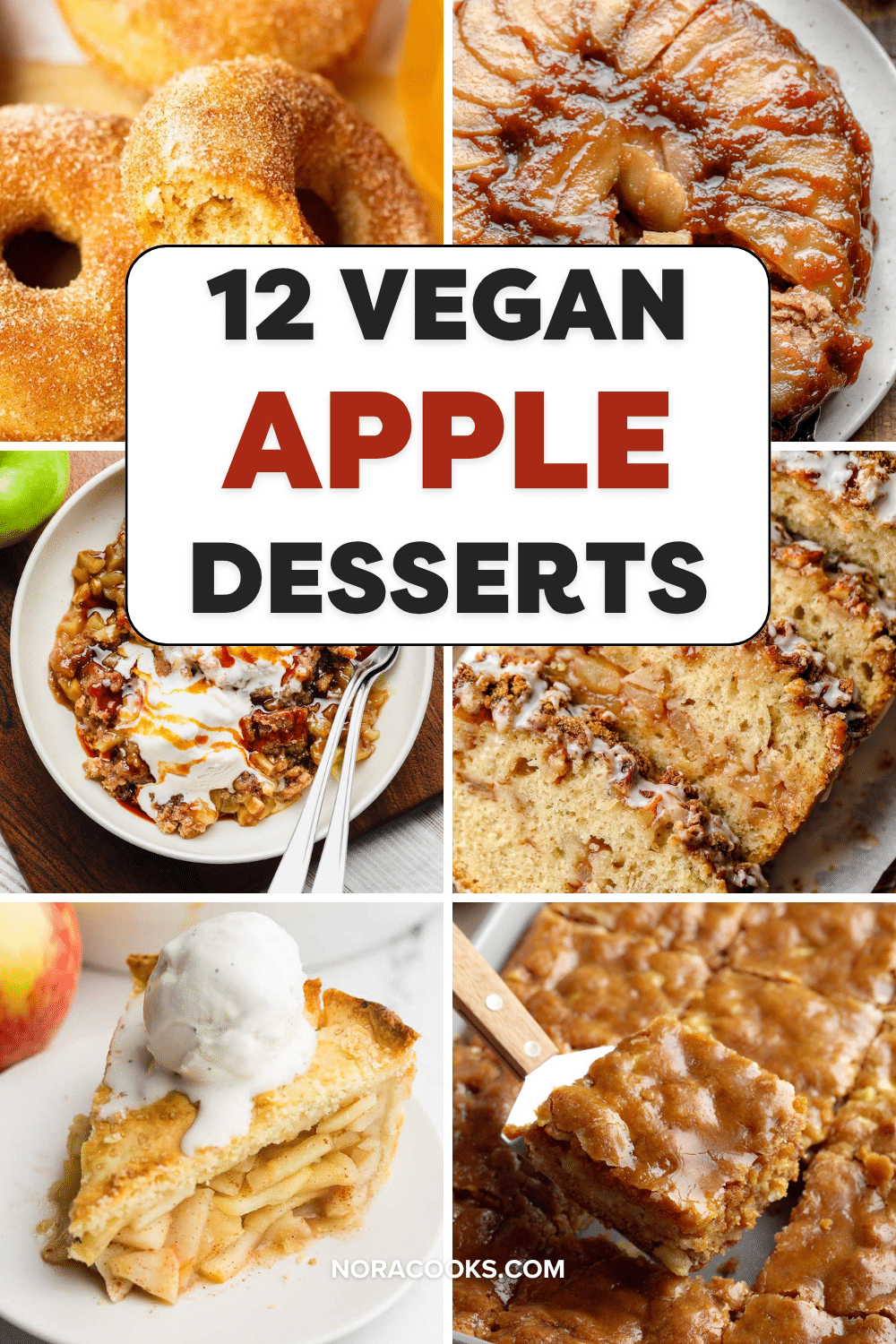 Pinterest image of vegan apple desserts and overlay text at the top, "12 vegan apple desserts".
