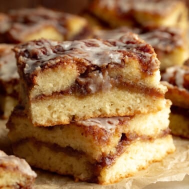 close up on a stack of 2 vegan coffee cake slices.